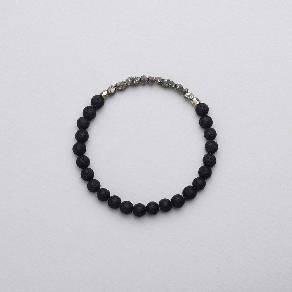 @16cm Natural Pyrite & Natural Volcanic Basalt 6mm Stretchy Band - Picture 5 of 5
